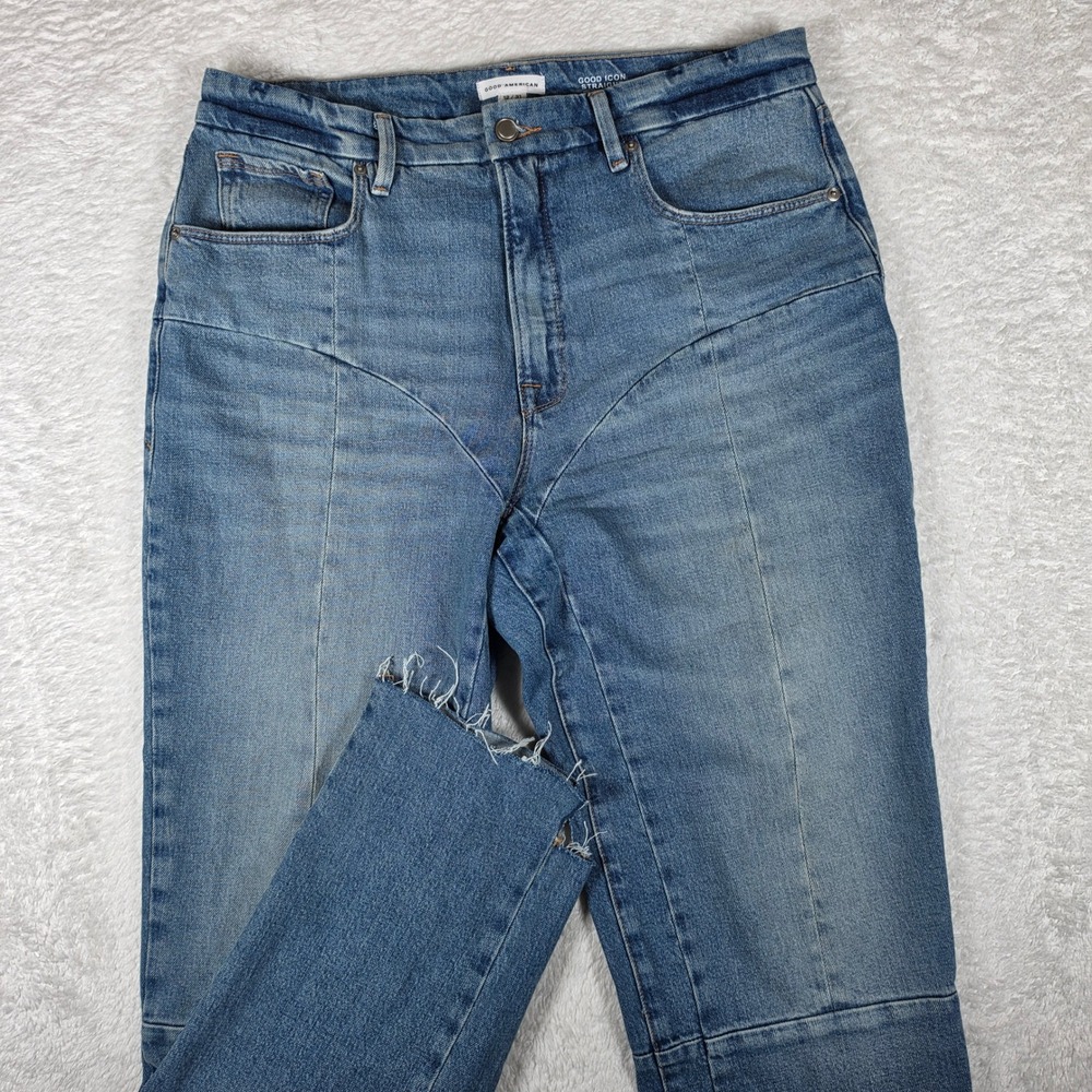 Good American Good Icon Straight Women 12/31 Blue GICSE23ST Seamed Raw Hem Jeans